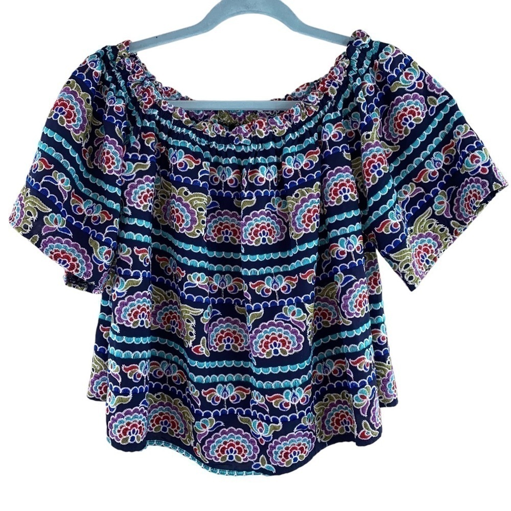 Aqua Full Embroidery!! On/Off-Shoulder‎ Navy w/Floral Colorful Top/Shirt Sz S